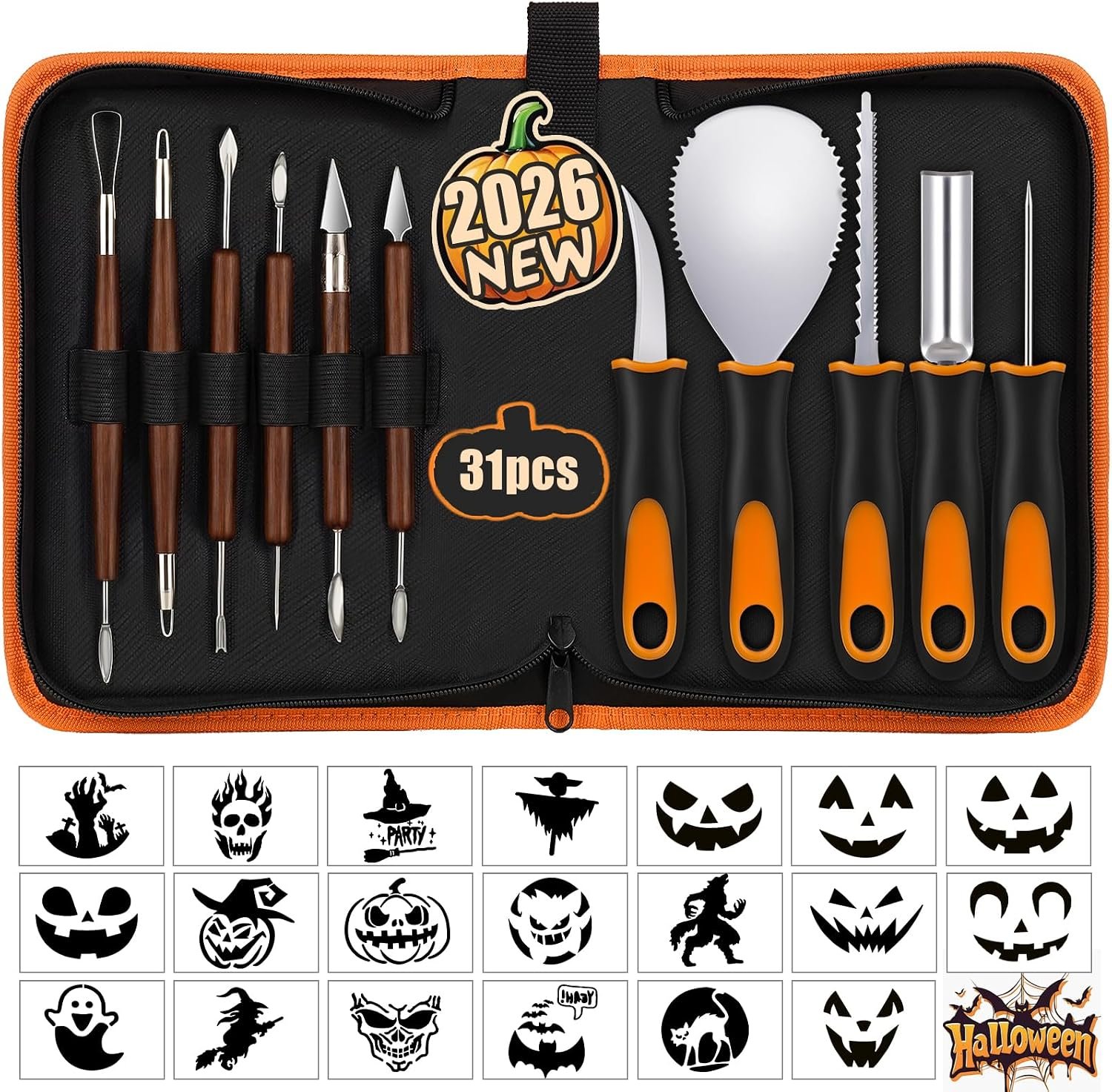 Pumpkin Carving Kit with Stencils, 31 Piece Professional Tools