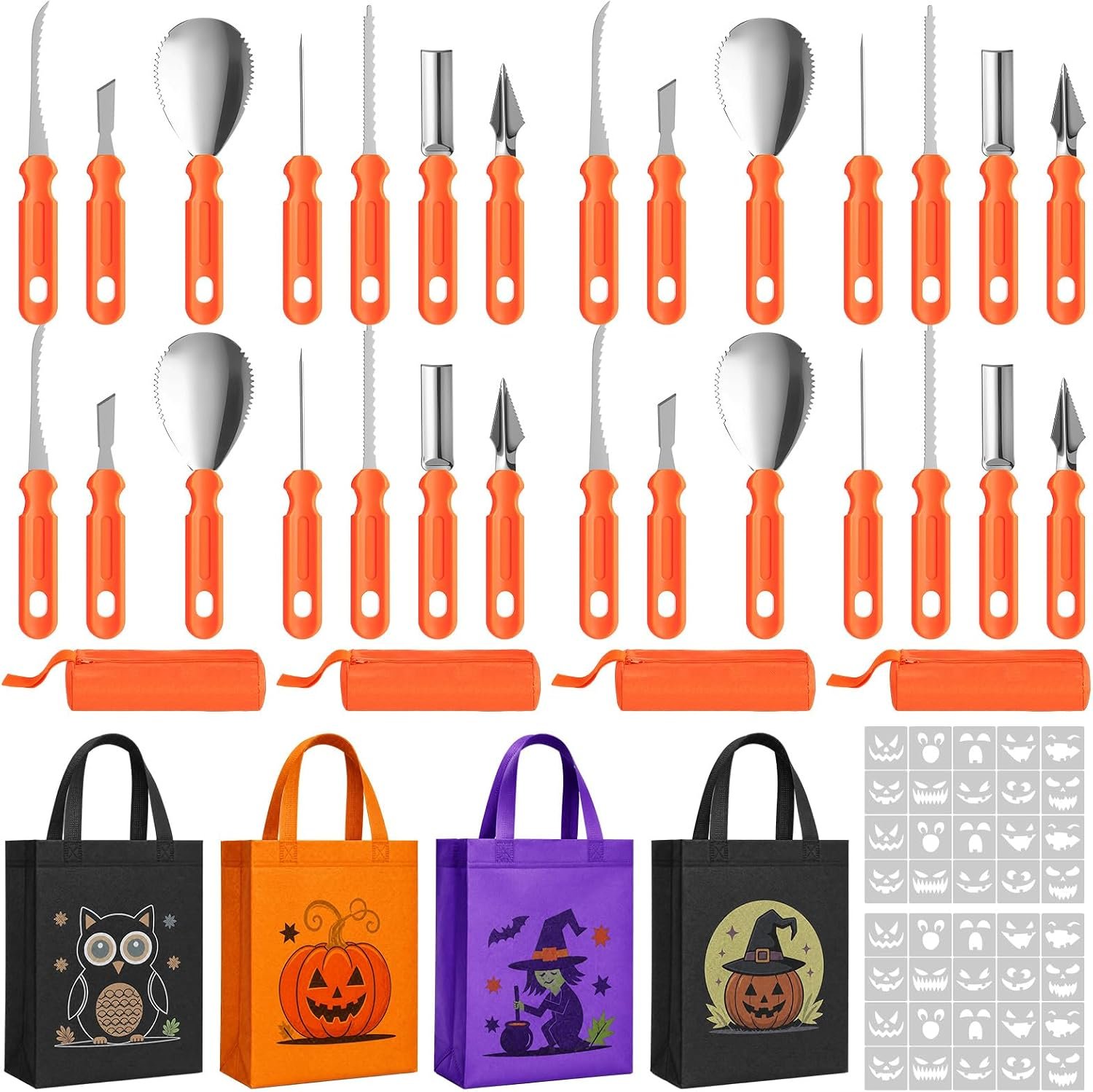 Lothee 76 Piece Pumpkin Carving Kit, 4 Set Bulk Pack with Stencils and Tools