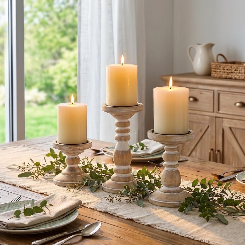 Rustic Distressed White Wood Pillar Candle Holder