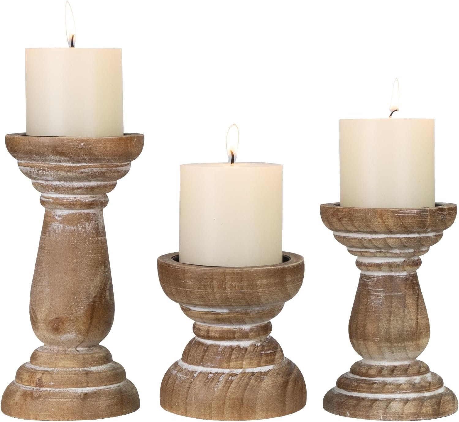 Farmhouse Wood Pillar Candle Holder Set of 3, Rustic Candle Stands