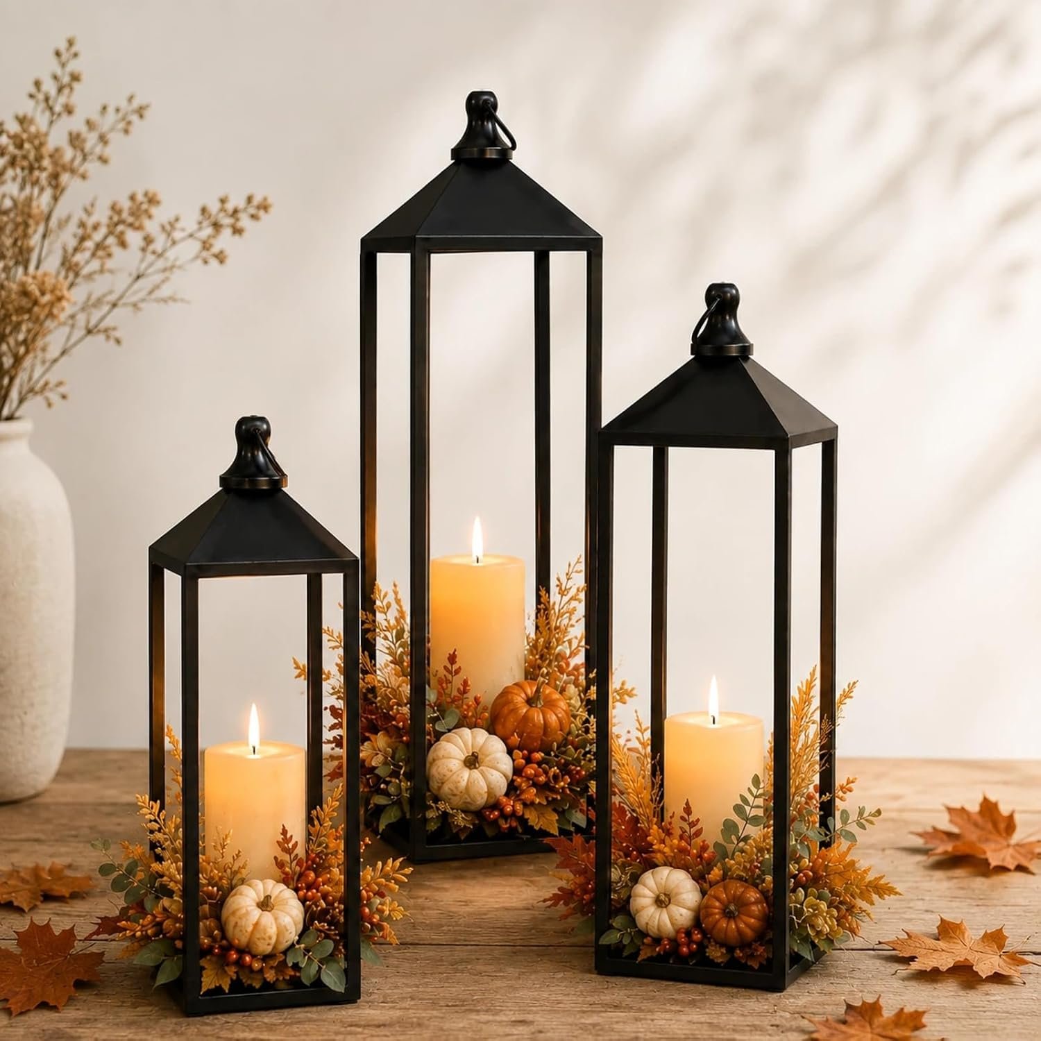 Decorative Floor Lanterns, Set of 3, 22, 19 and 17 Inch, Indoor Outdoor