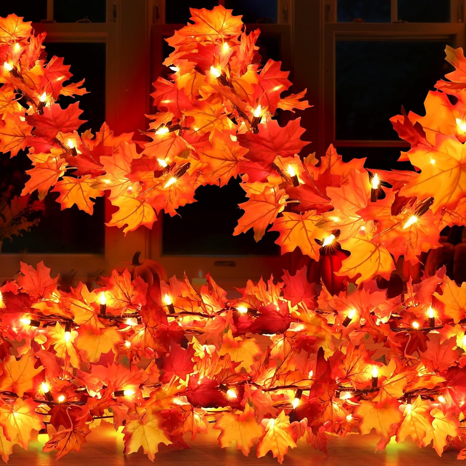 Lighted Fall Garland, 9 ft, 50 Count Incandescent Lights, Brown Wire