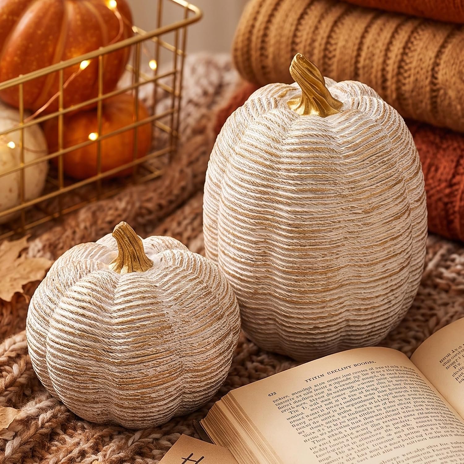 White Resin Fall Pumpkin Decor Set, 2 Pcs