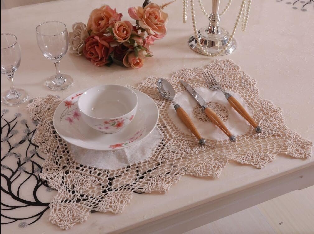 OctoRose 100% Cotton Crochet Pattern Lace Bedspread, Queen, Beige