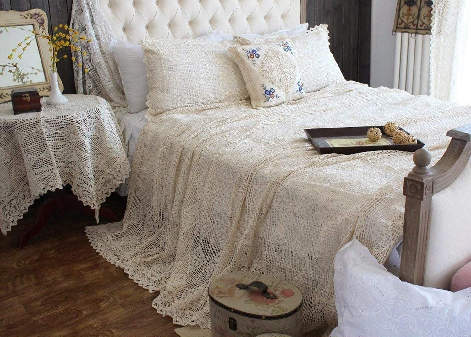 ABREEZE Vintage Cotton Hand Crochet Bedspread, Floral Lace, Queen