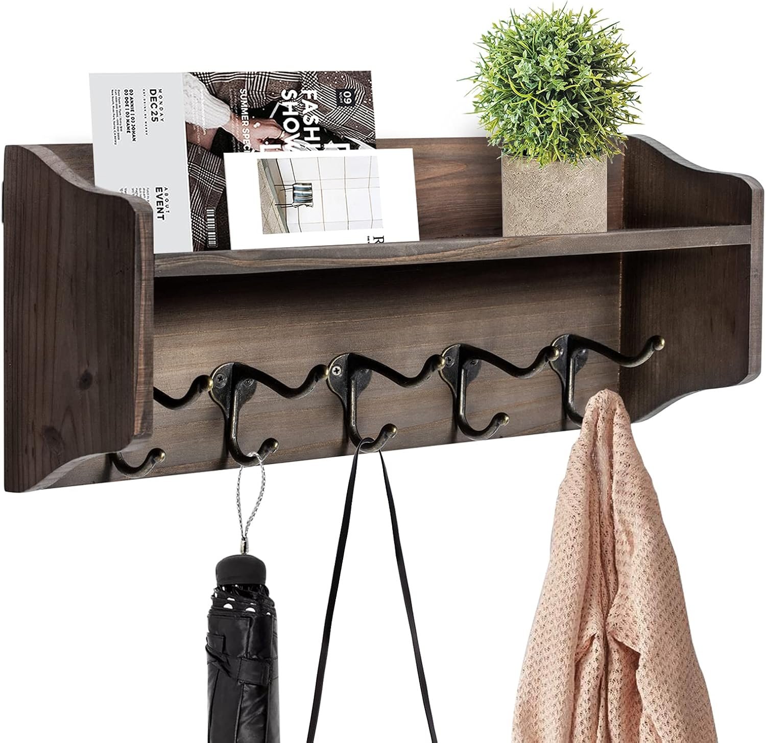 Y&ME Rustic Wood Entryway Shelf with 5 Vintage Metal Hooks