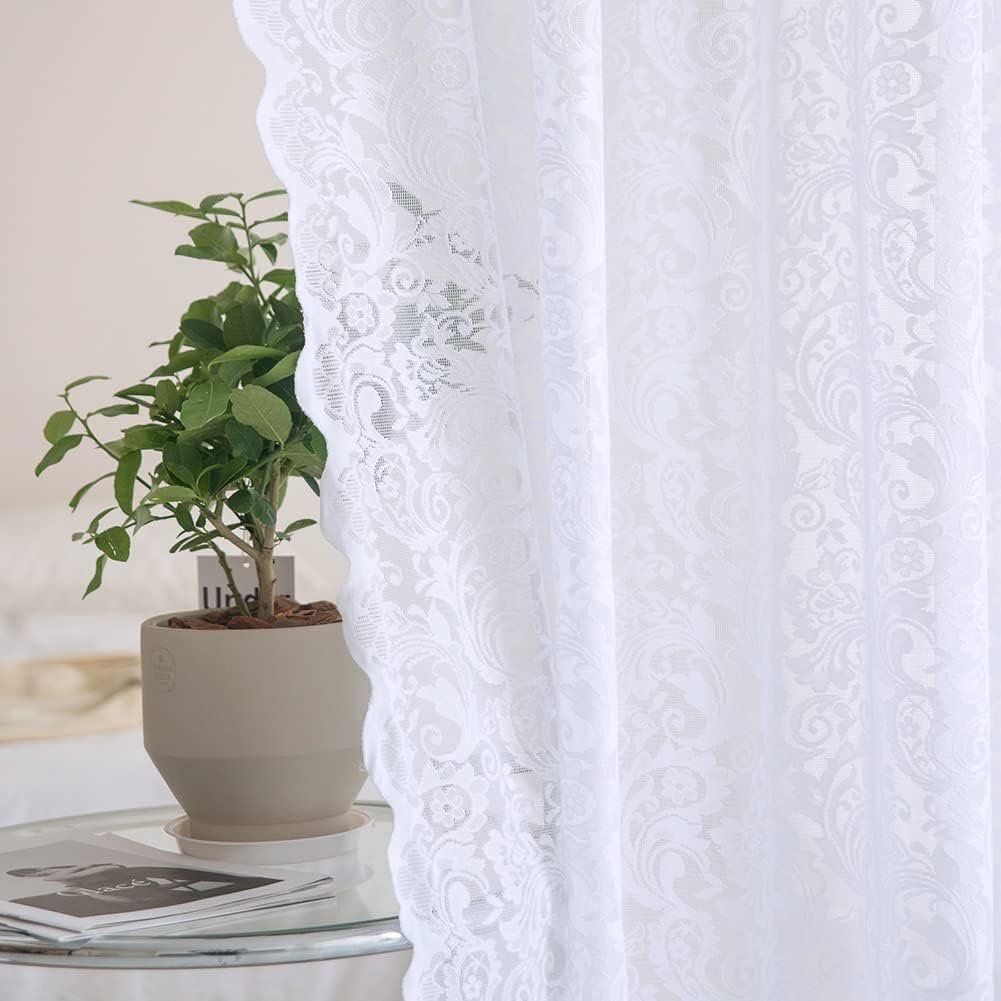 ALIGOGO White Lace Curtains, Vintage Floral Sheer, Scalloped Edges