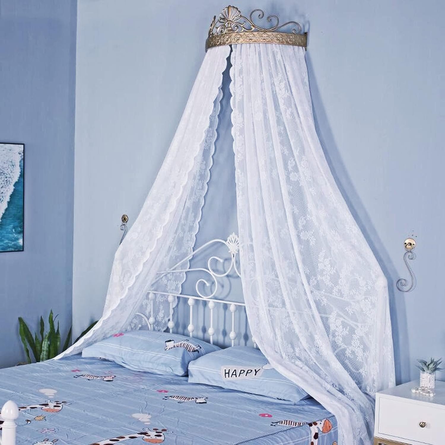 SFYZ HOME Princess Lace Bed Canopy with Metal Gold Crown