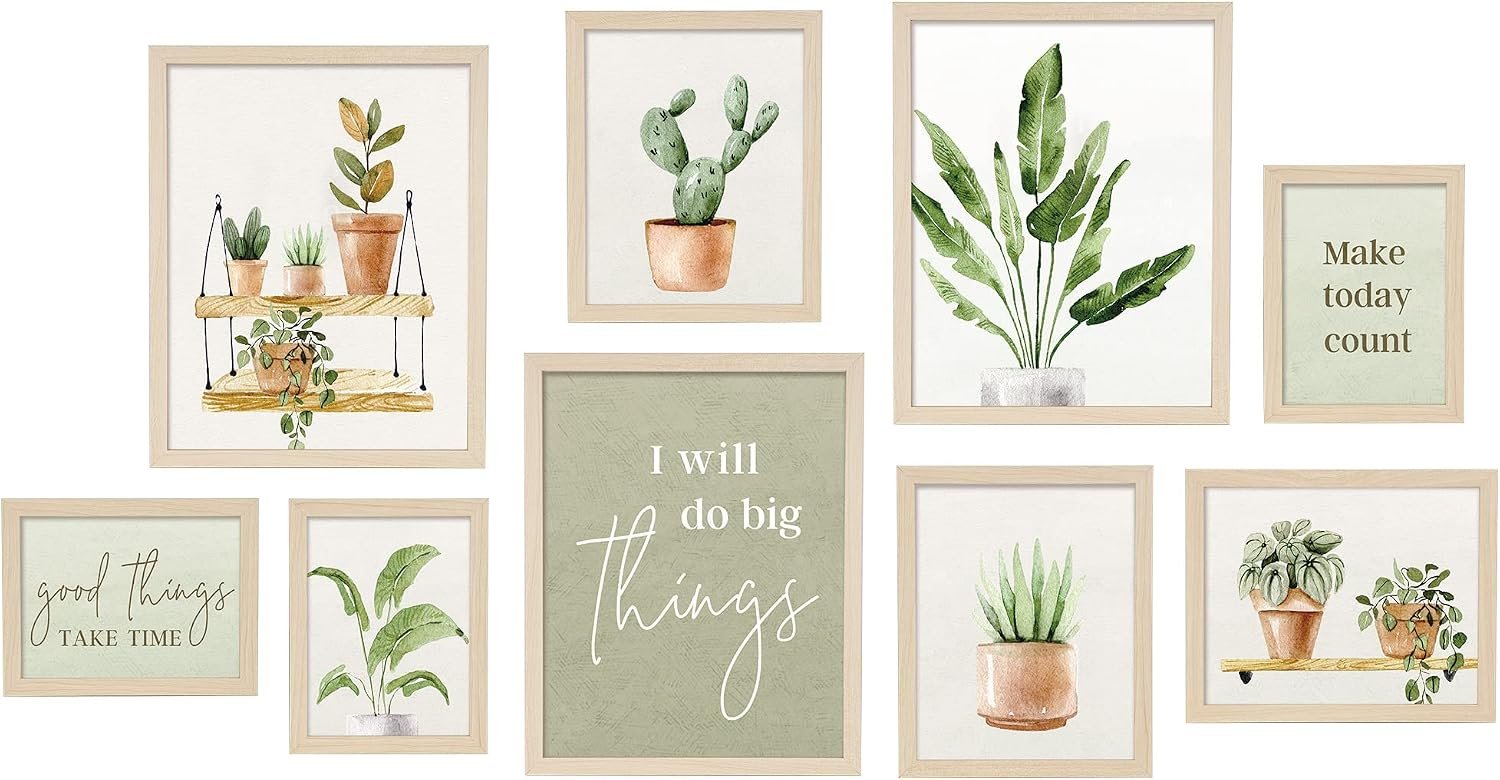 ArtbyHannah 9-Piece Botanical Gallery Wall Frame Set, Beige Wood Frames