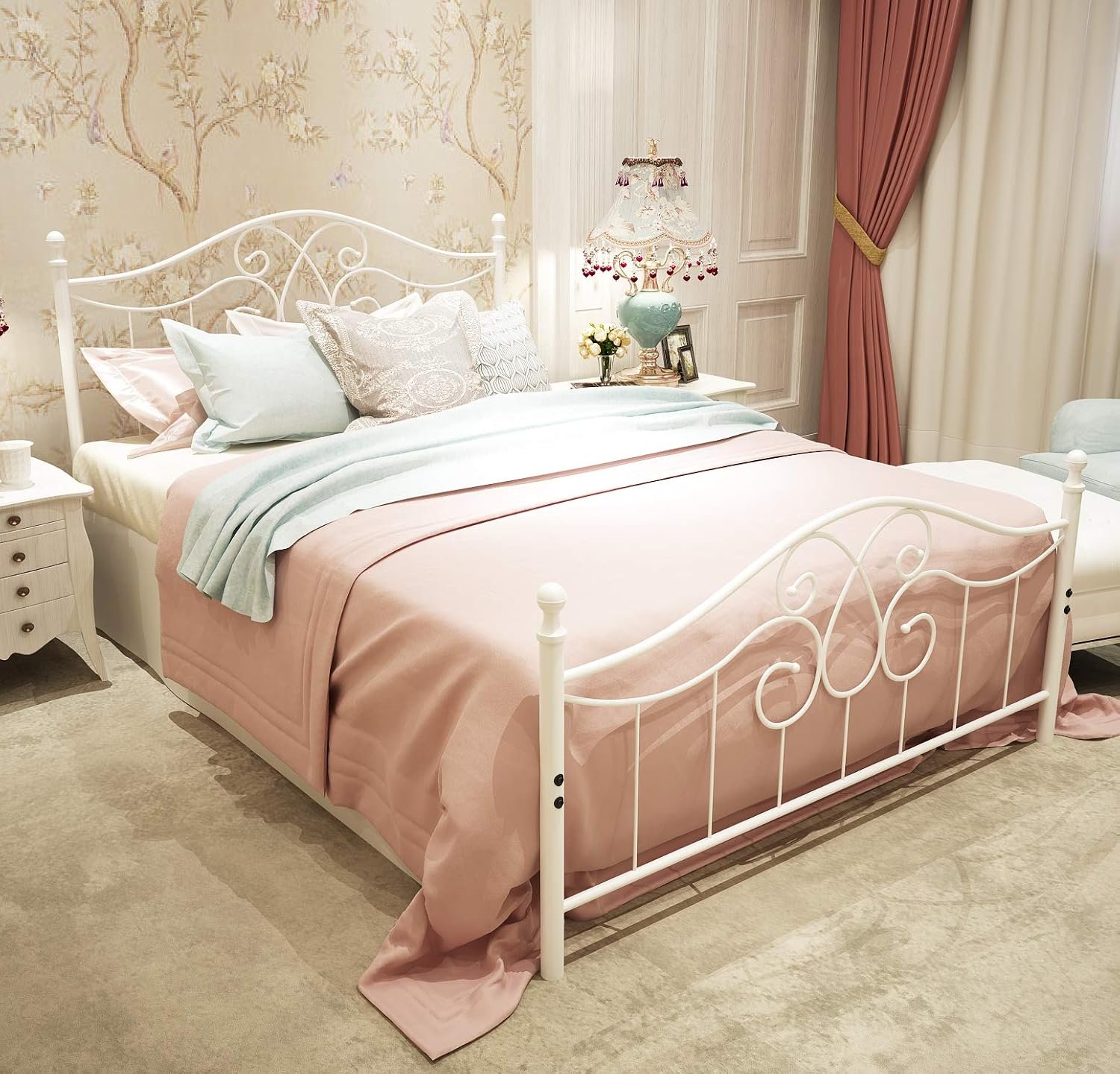 TUSEER Metal Bed Frame Queen with Vintage Headboard, Wrought Iron, White