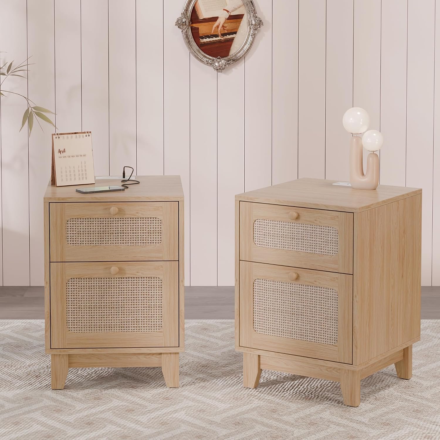 Modern Wicker Rattan Nightstand with Drawer and Charging Station