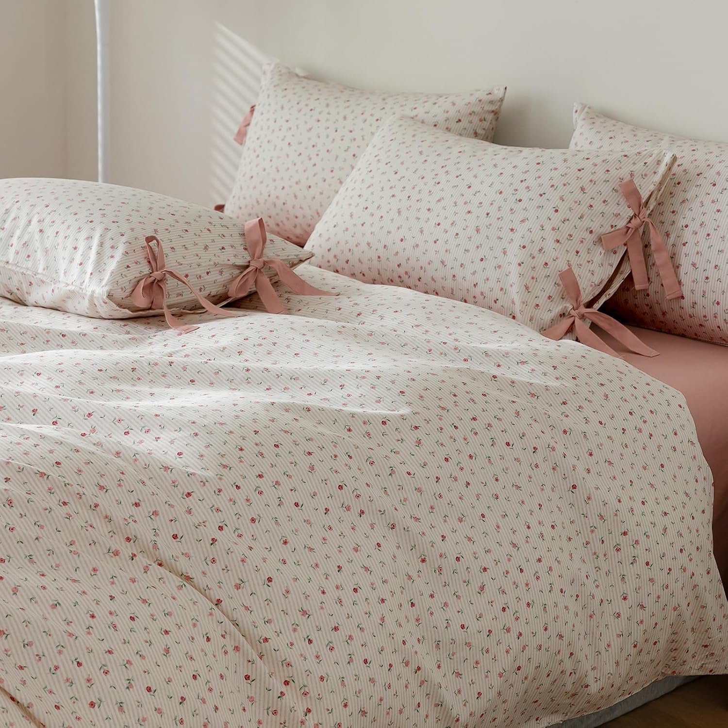 Floral Print Duvet Cover Queen, Cottage Pink Striped Bedding Set