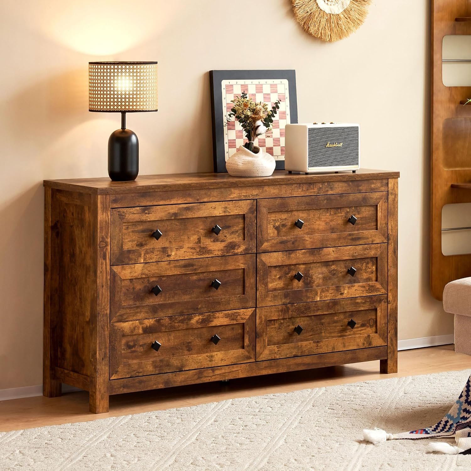 VanAcc 6-Drawer Farmhouse Dresser with Vintage Grain Texture