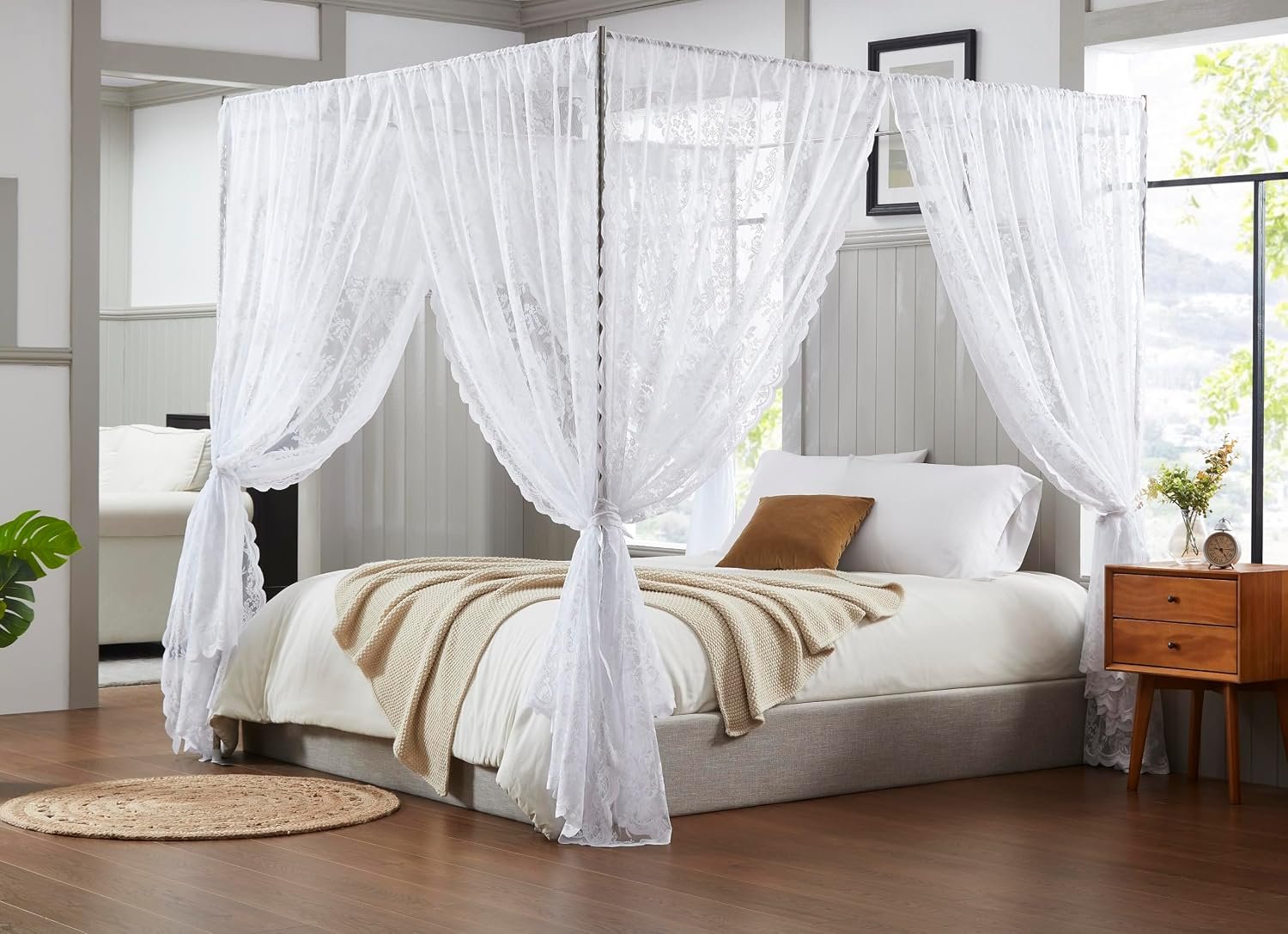 Warm Home Designs White Lace Canopy Bed Curtains with Tie-Backs