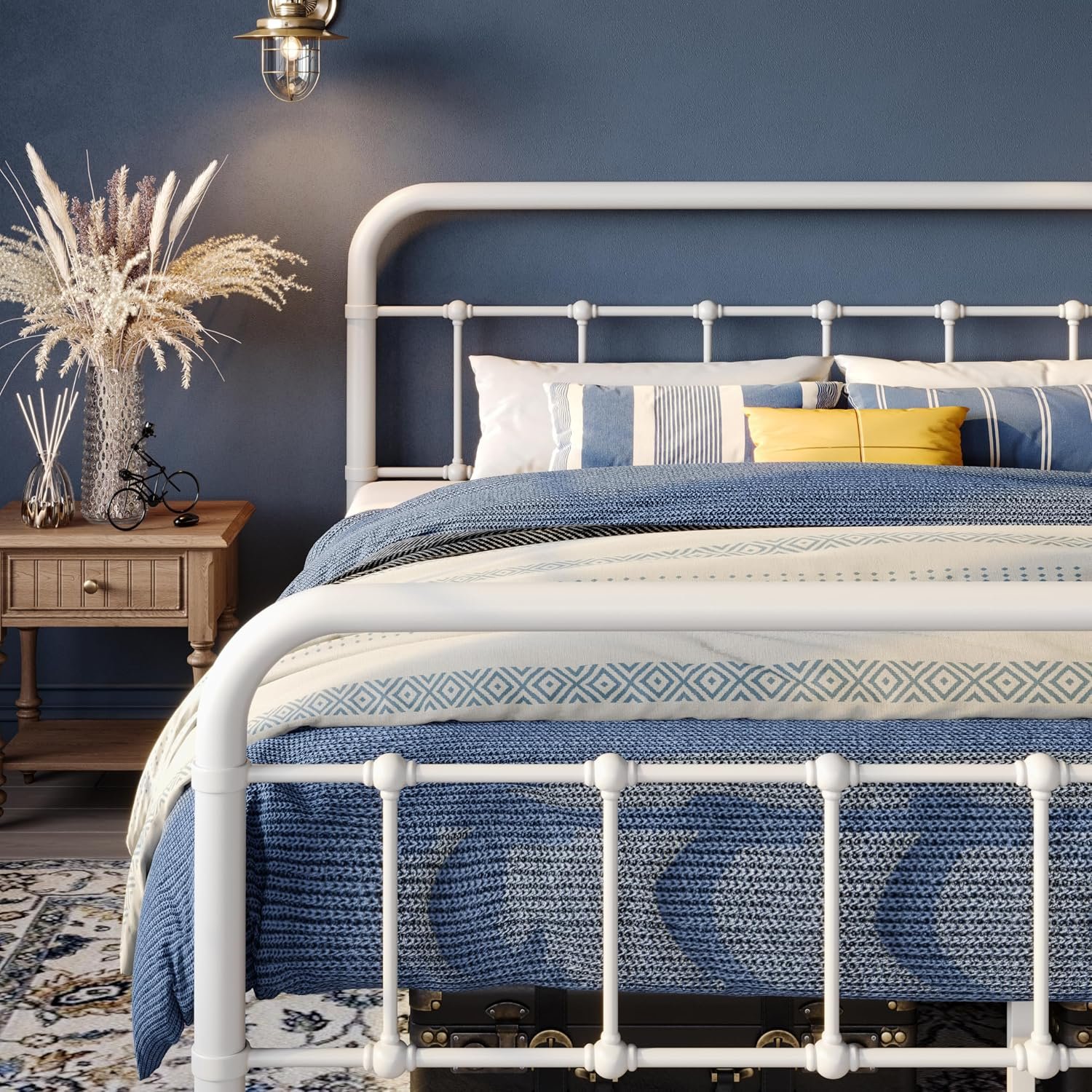 WEEWAY Queen Metal Bed Frame with Wrought Iron-Art Curved Headboard, White