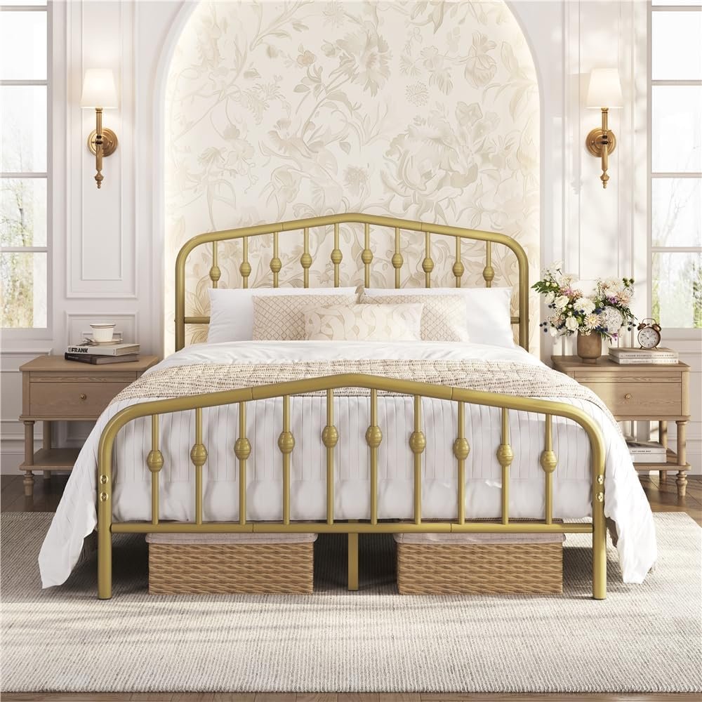 Yaheetech Queen Metal Bed Frame, Victorian Vintage Headboard, Antique Gold
