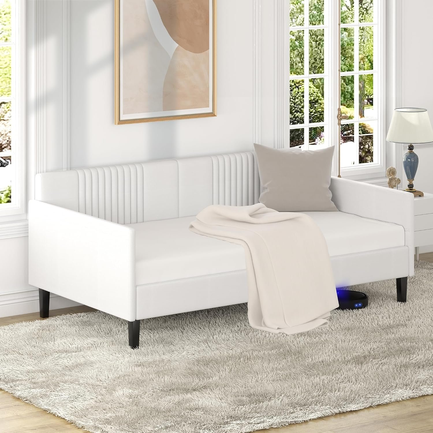 Nia Twin Size Off White Linen Upholstered Daybed, Tufted Backrest