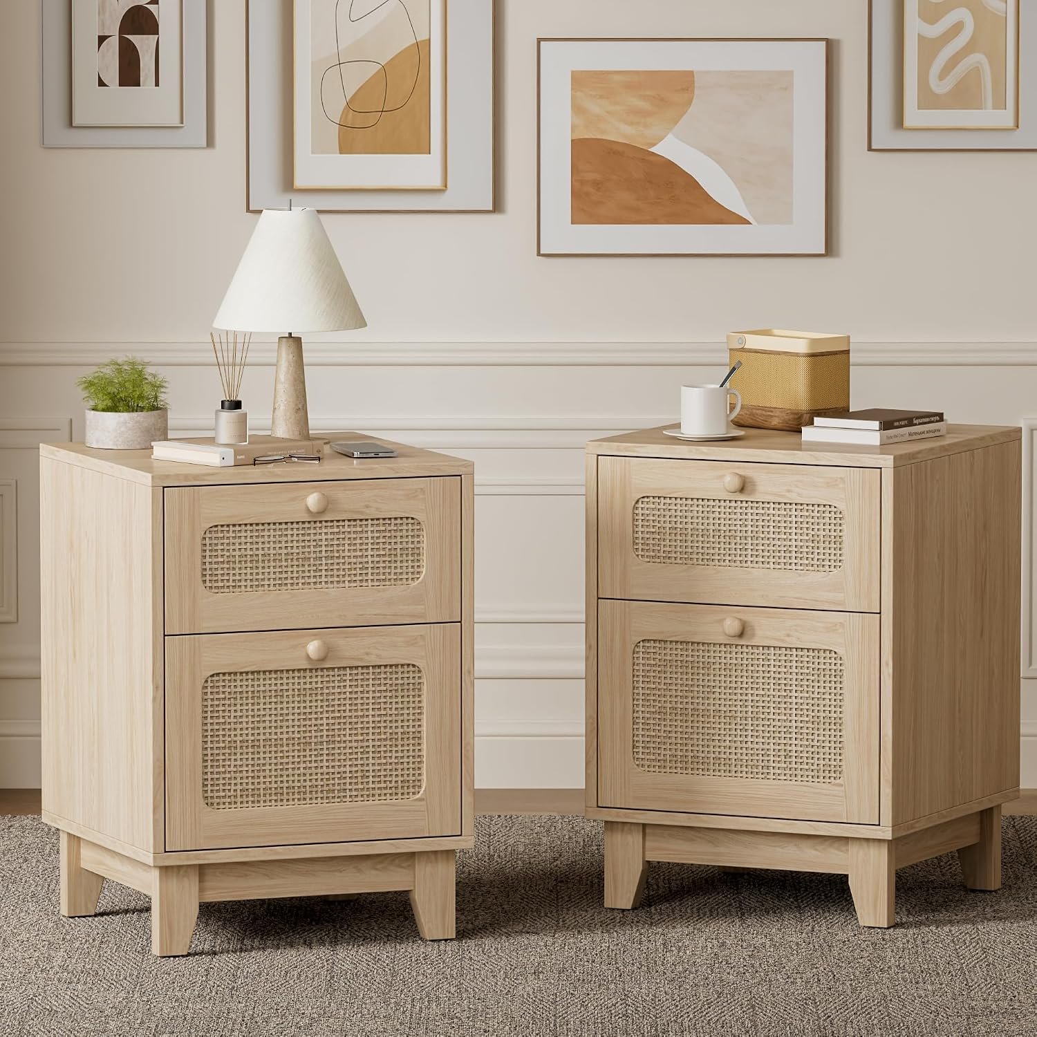 Callales Rattan Nightstand Set of 2, Boho Bedside Table