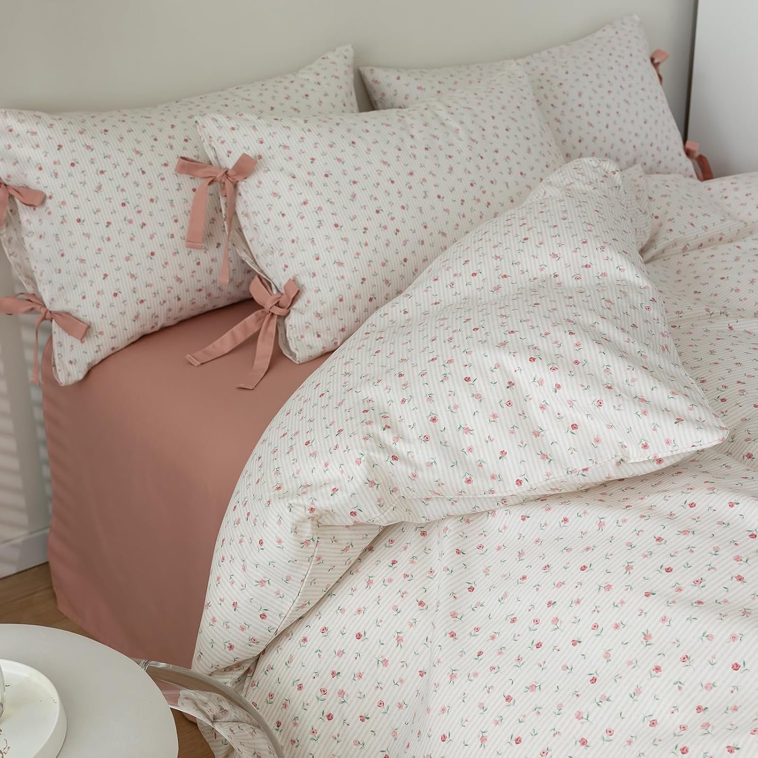 VM VOUGEMARKET Pink Flower Stripes Duvet Cover Set, Cottagecore, 100% Cotton