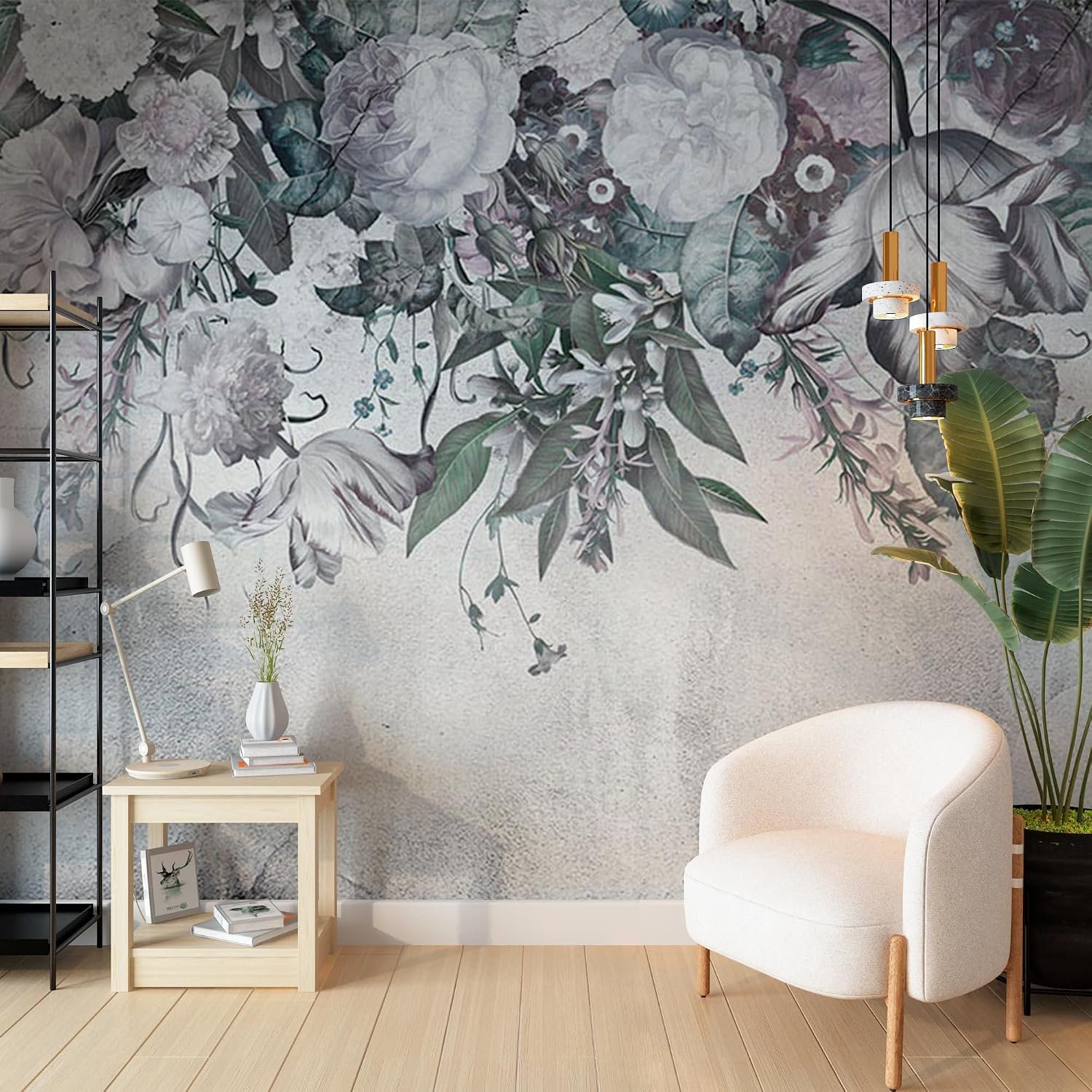 Floral Wall Mural, Large Peony Tulip, Antique Grey, Peel and Stick