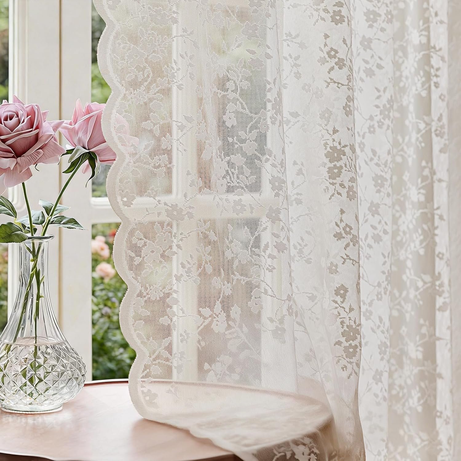 Anmao Vintage Lace Curtains, Semi Sheer Floral Lacy Drapes, Cream Yellow