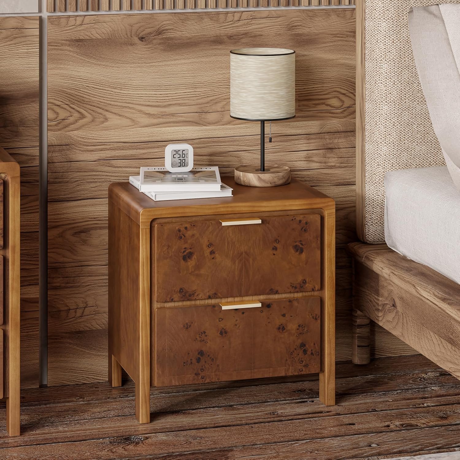 COZAYH Farmhouse Nightstand with 2 Drawers, Distressed Wood, Burl Finish