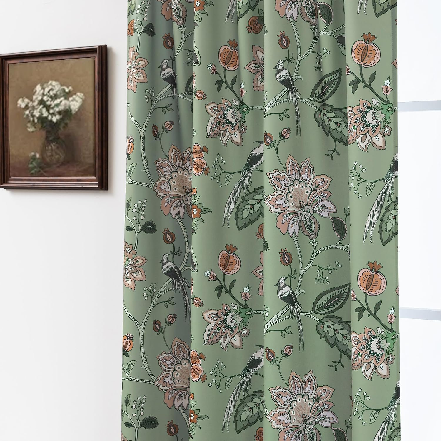 Sage Green Vintage Floral Curtains, Cottagecore Farmhouse, 2 Panel Set