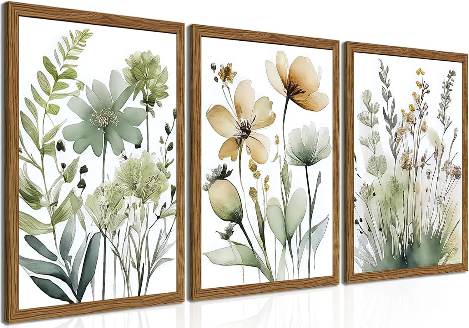 Wood Framed Sage Green Botanical Wall Art Set of 3, Boho Floral Canvas
