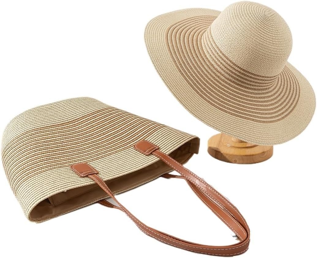 Women's Straw Sun Hat with Matching Woven Tote Bag