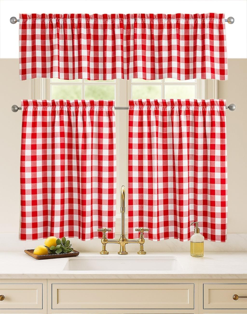 Softopia Cotton Red Gingham Check 3-Piece Window Curtain Set