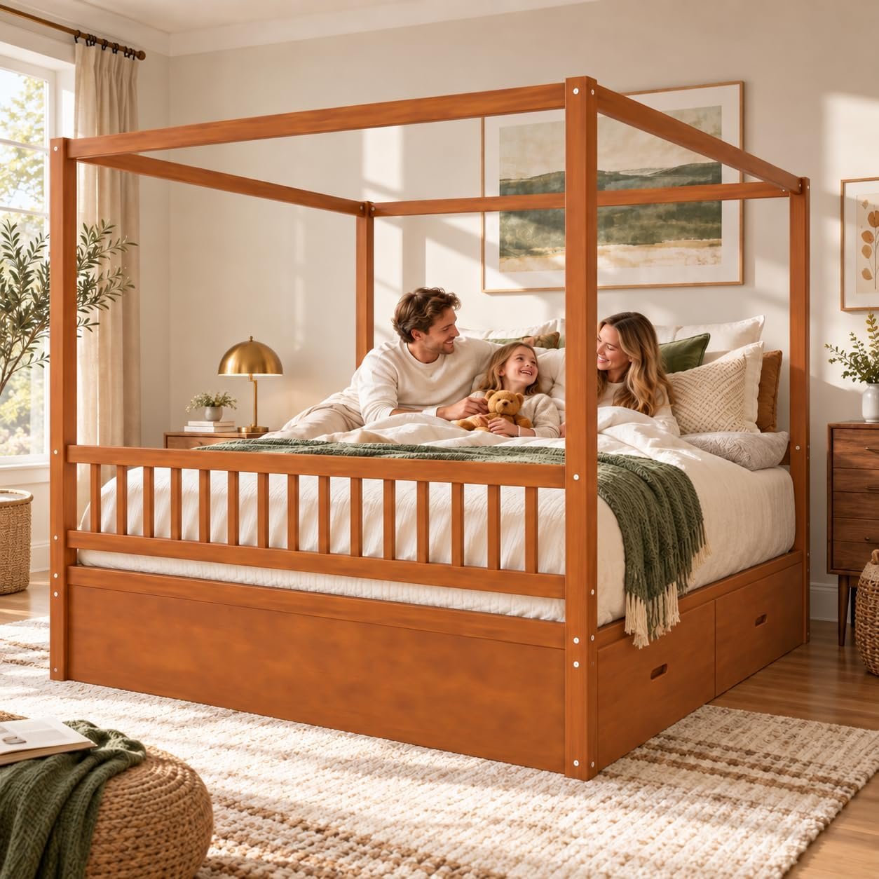 Queen Size Wood Canopy Bed Frame, Walnut Vintage Four-Poster