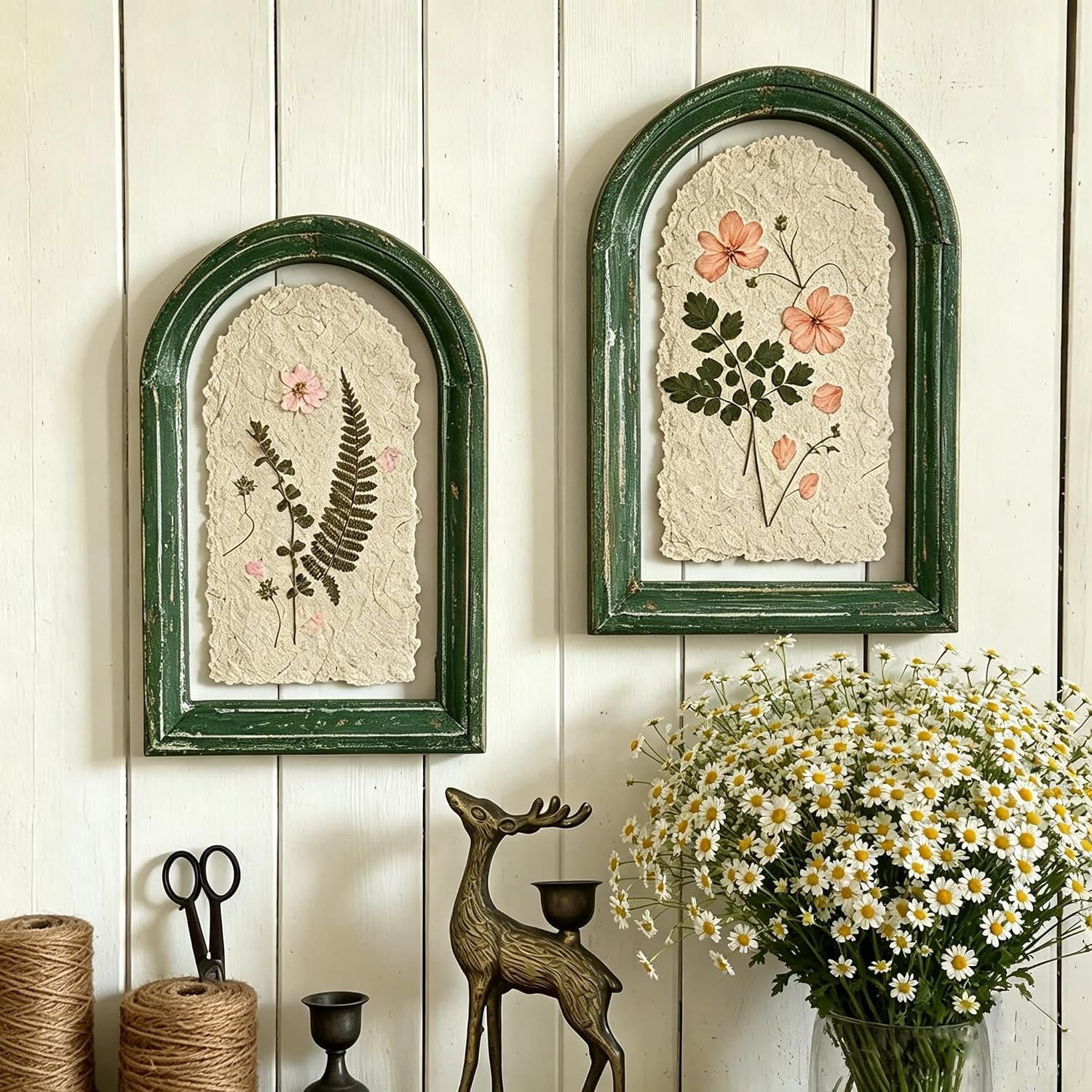 Glass Pressed Flower Frame, Set of 2, Vintage Distressed Green Wood