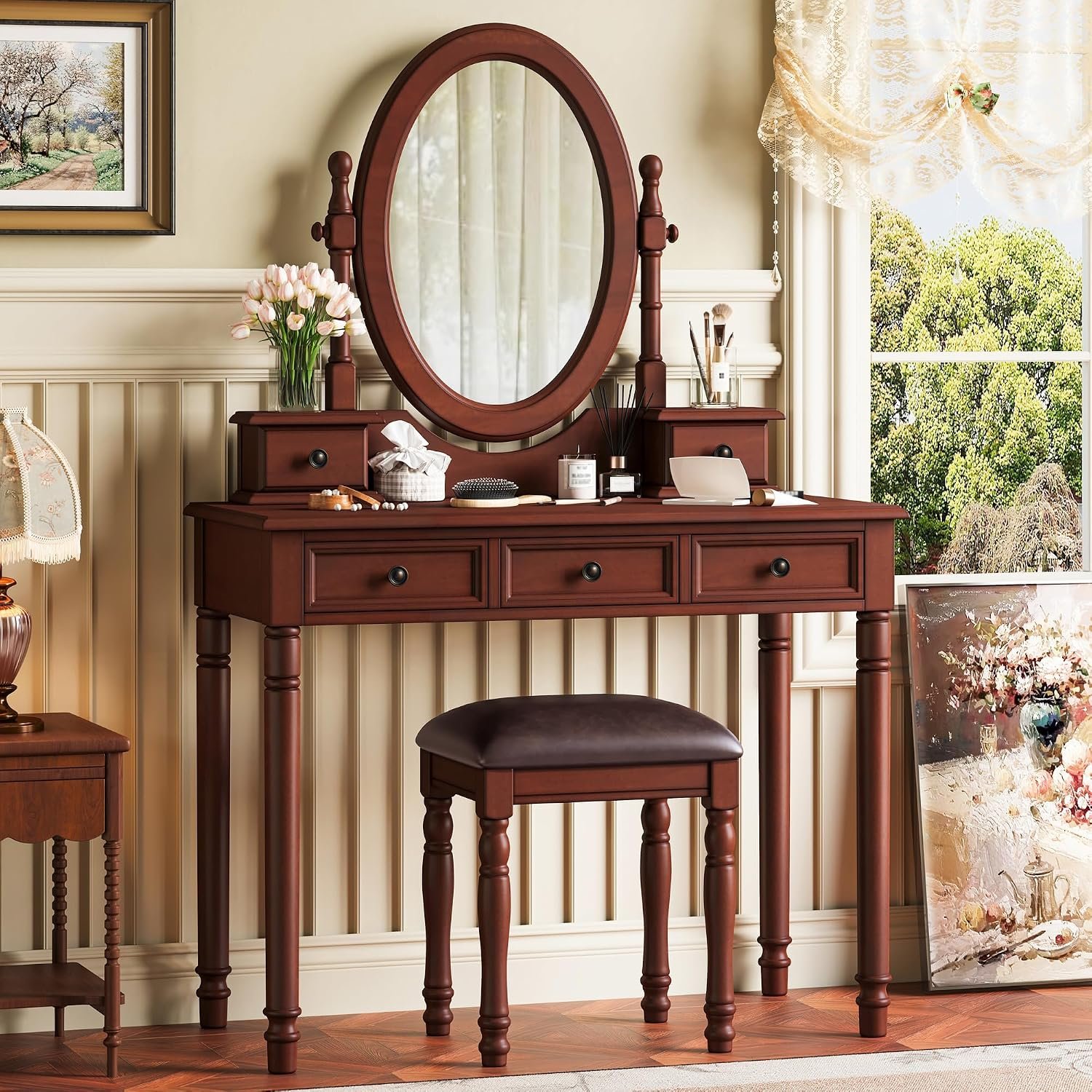 KT Rolster Vintage Makeup Vanity Desk Set with Mirror and Stool, Walnut