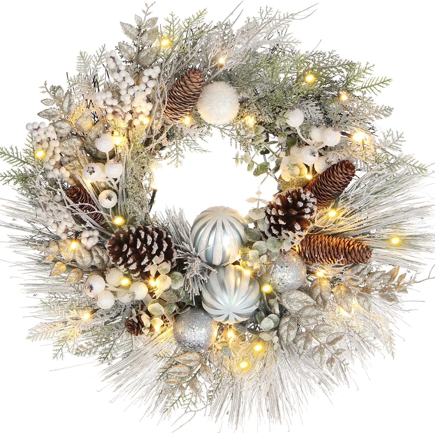 Briful 24 Inch White Snow Flocked Christmas Wreath with Ornaments