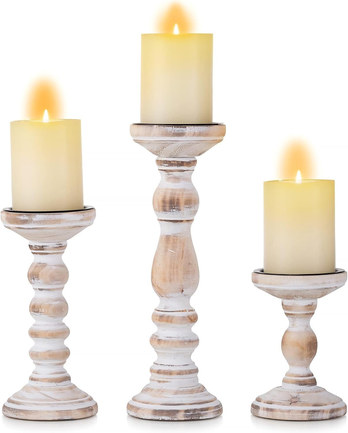 Inweder Wooden Pillar Candle Holders, Rustic White, Set of 3