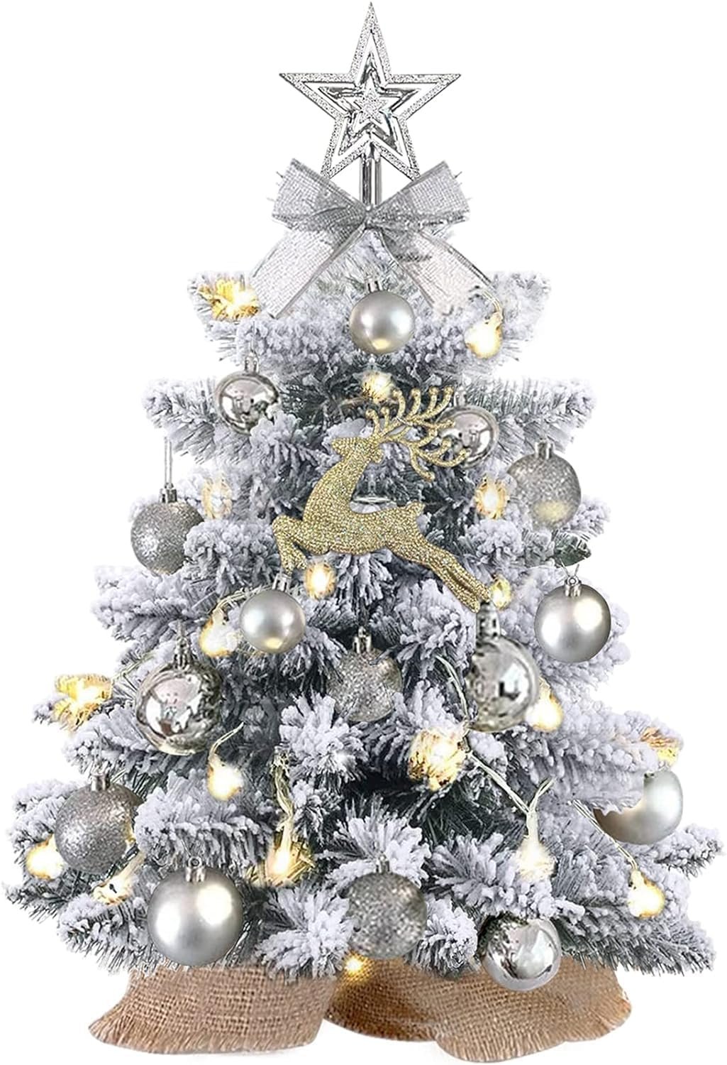 Mini Christmas Tree with Lights, 24 Inch Snow Flocked Pre-Lit Tabletop Tree