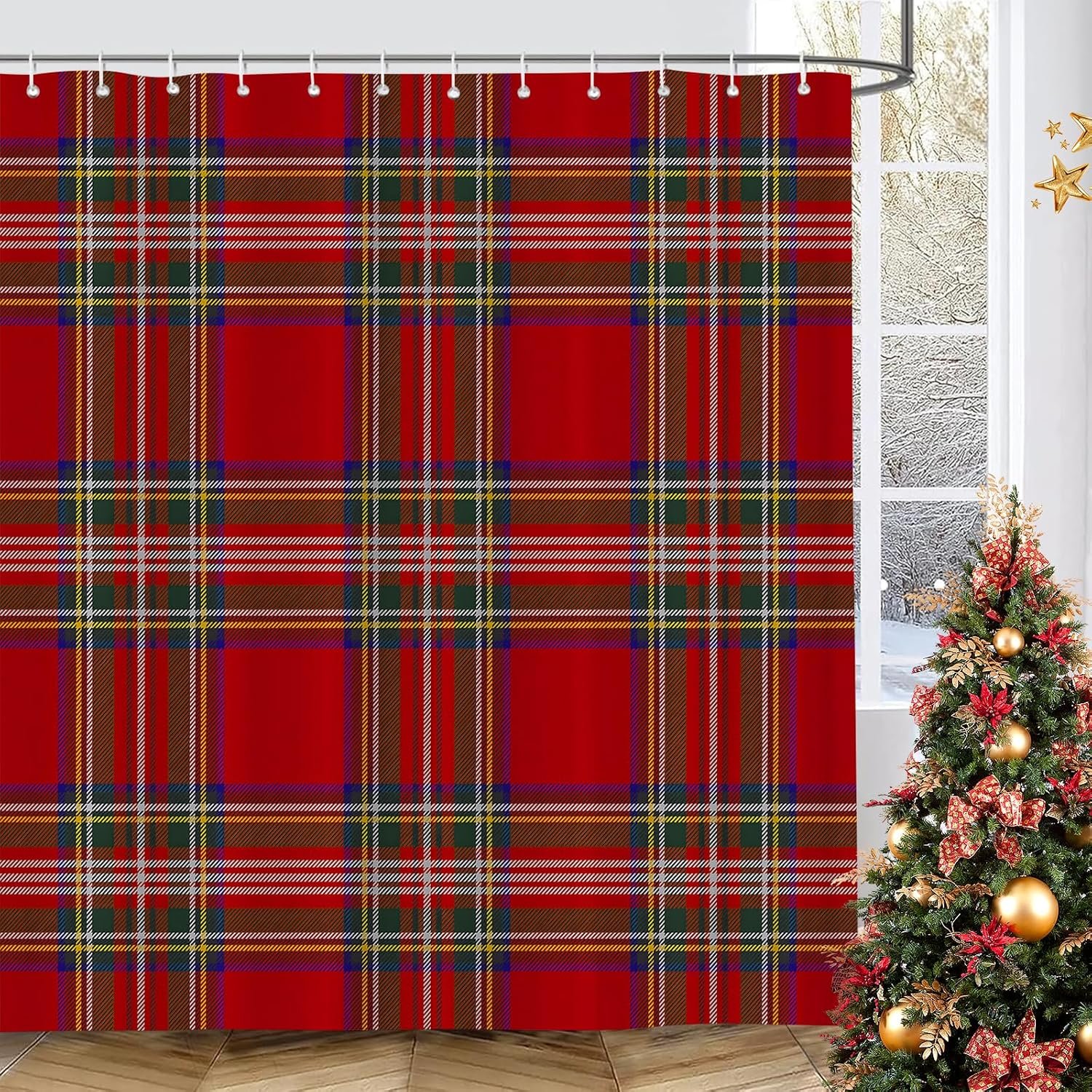 GOOESING Christmas Plaid Shower Curtain, Scottish Tartan, 60x72 Inch