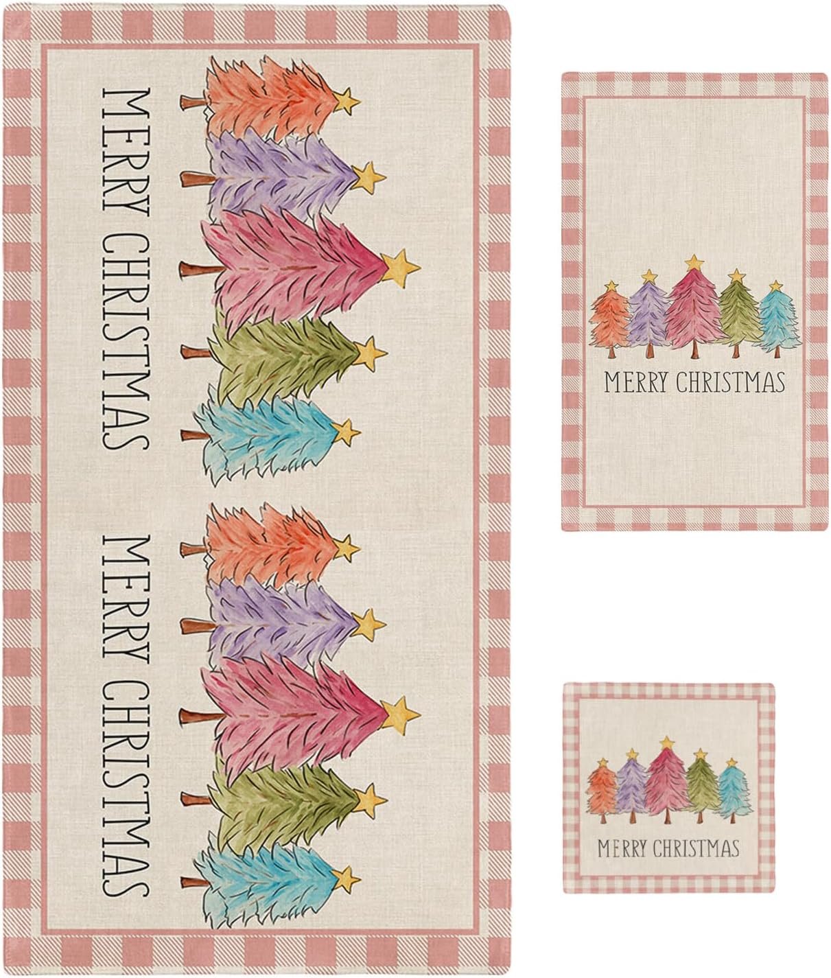 Plaid Christmas Bath Towels for Bathroom, Watercolor Xmas Tree Set