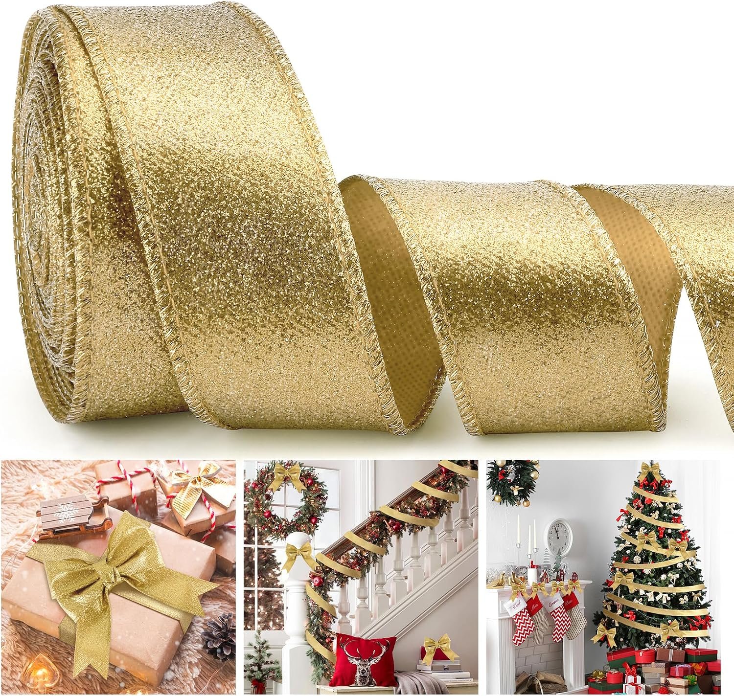 Aridantrp Gold Glitter Ribbon for Christmas Tree, 1.5 Inch, 10 Yards