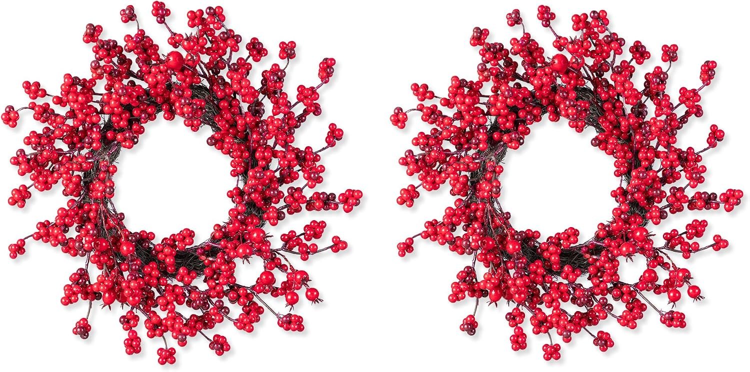 Glitzhome 2 Pcs 14 Inch Artificial Red Berry Christmas Wreaths