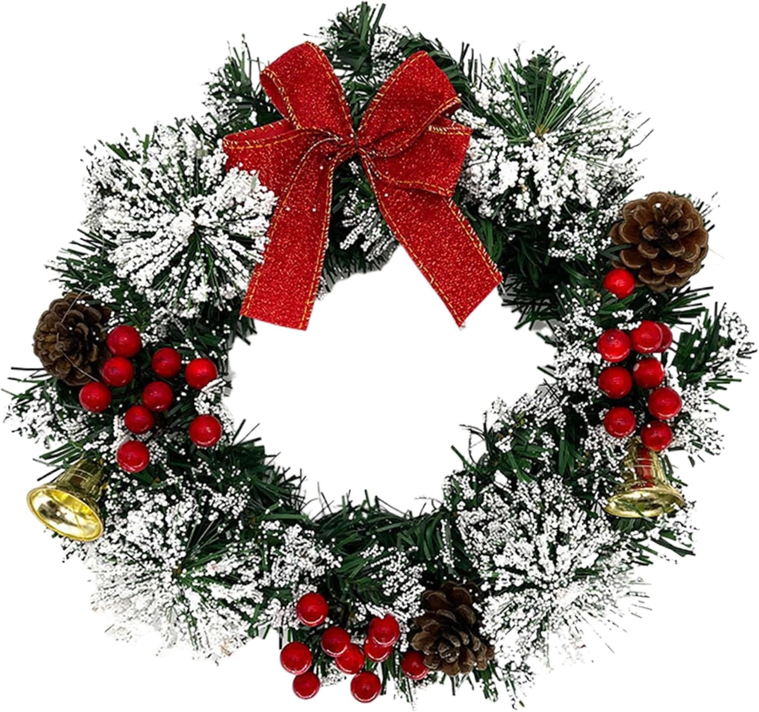 12 Inch Snowy Flocked Christmas Wreath with Bow, Red Berries and Pinecones