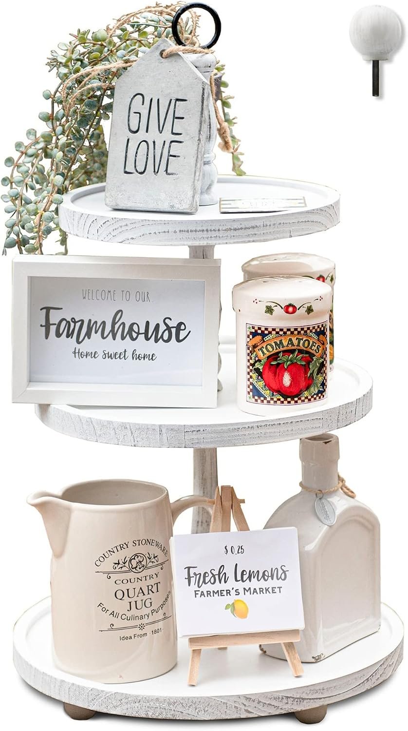 SensaCasa Farmhouse Three Tiered Wood Tray Stand, Round