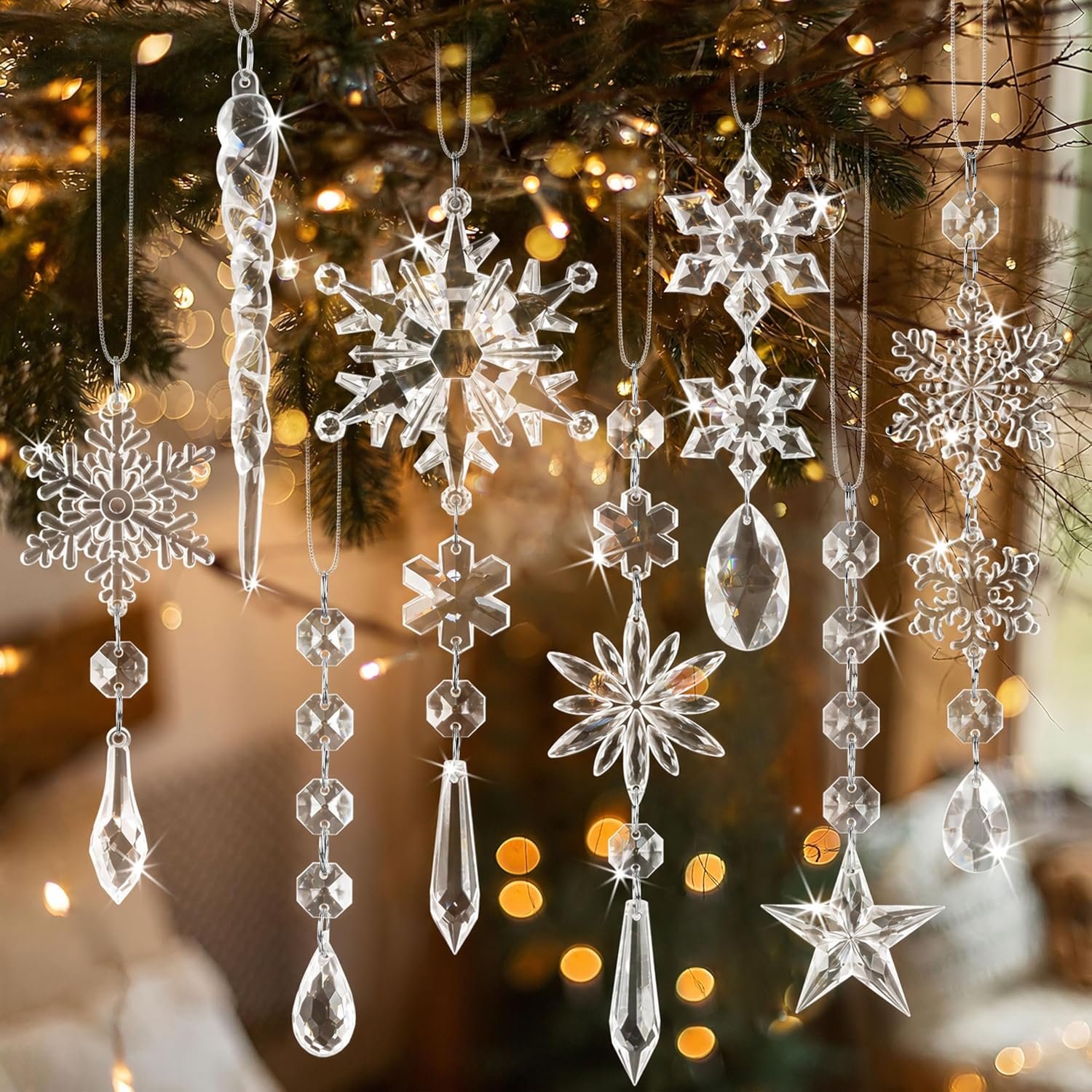 Crystal Snowflake Ornaments for Christmas Tree, Winter Wonderland Decorations, 18 Pcs