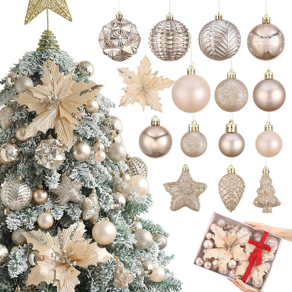 Champagne Gold Christmas Ball Ornaments Set with Artificial Flowers