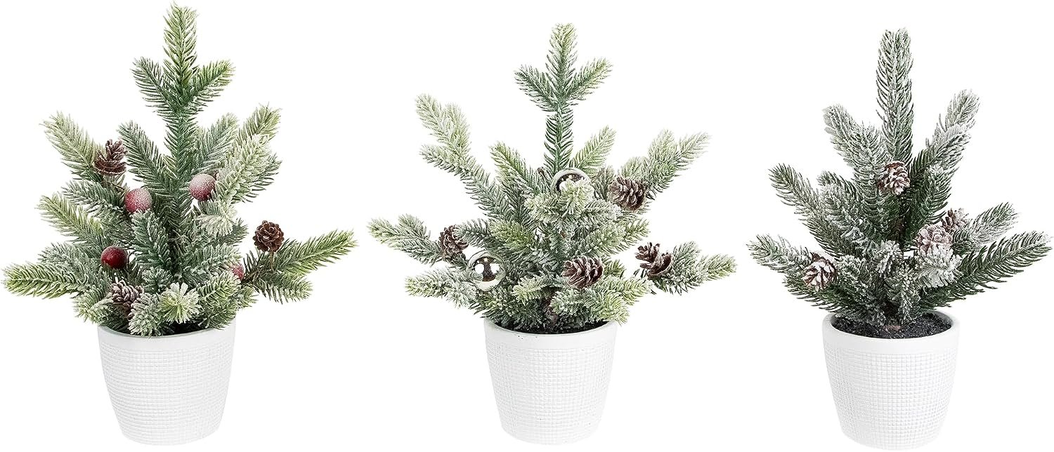 Flocked Pine Mini Artificial Christmas Trees with Pinecones, 12 Inch, Set of 3