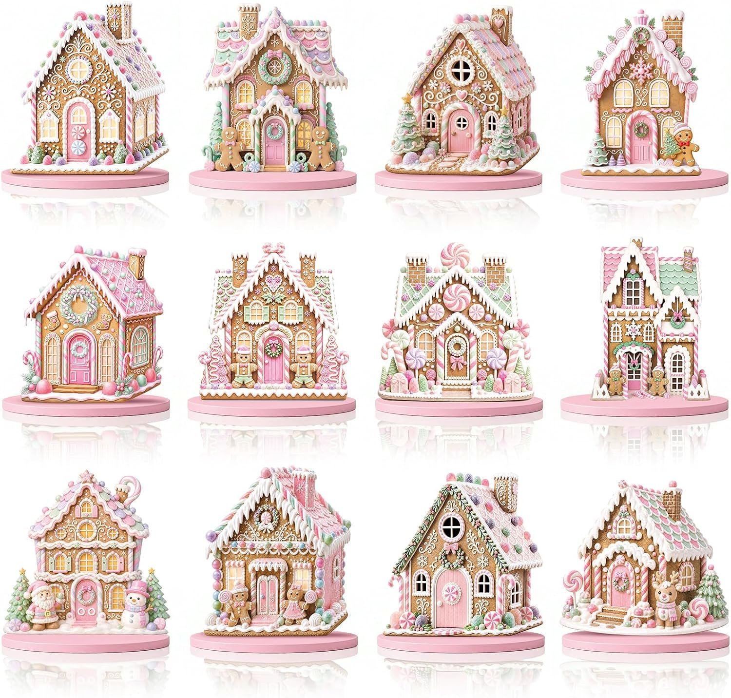 12 Pcs Christmas Gingerbread House Decor, Pink Pastel Table Centerpiece
