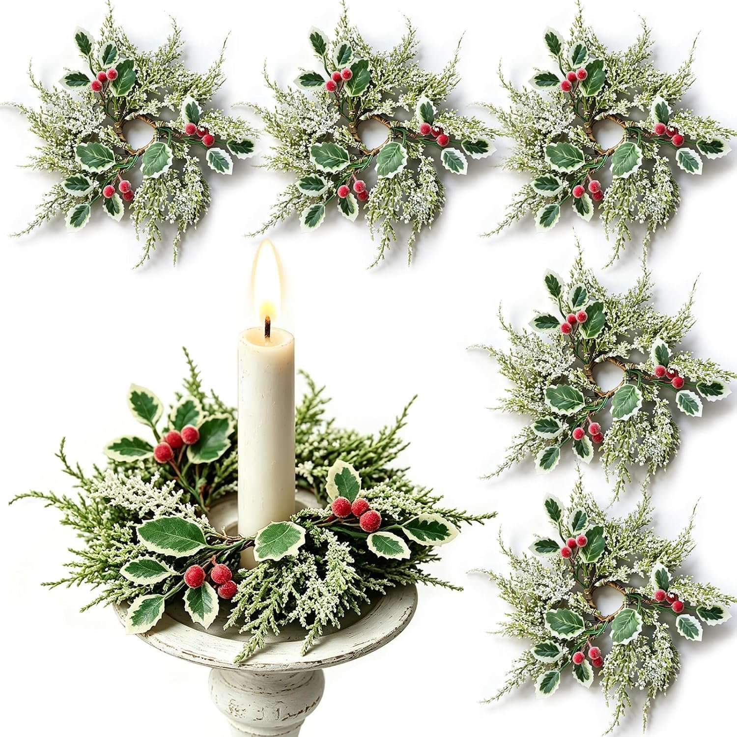 Mini Christmas Taper Candle Ring Wreaths with Baby's Breath, Set of 6