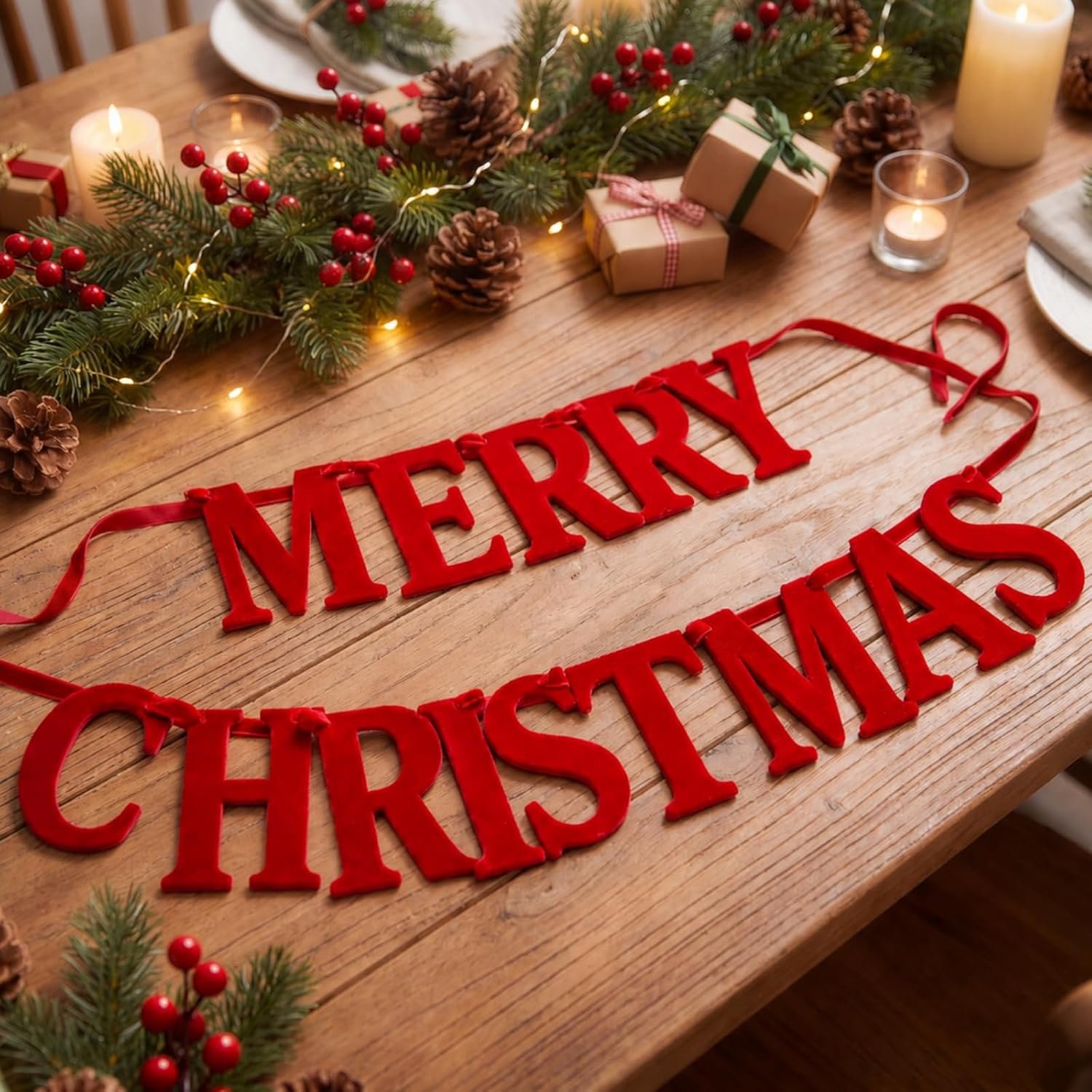 Lumina Garden Bright Red Merry Christmas Banner, 6ft Velvet Letter Garland