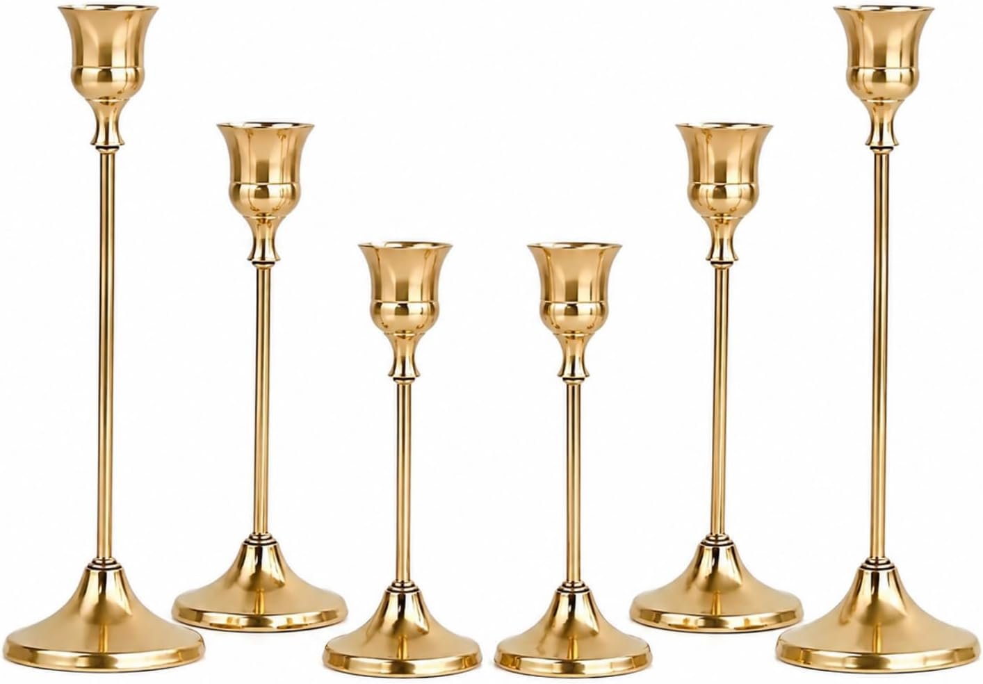 Gold Taper Candle Holders Set of 6, Brass Metal Candlesticks