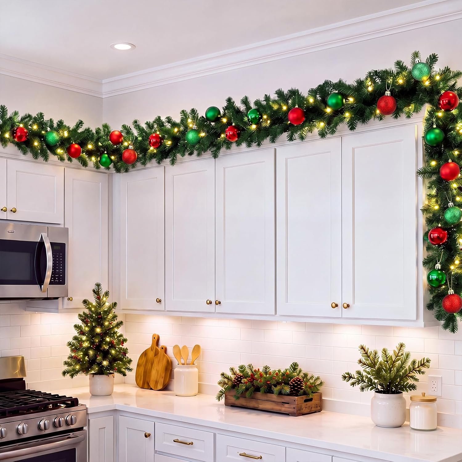 Cindeer Lighted Christmas Garland for Above Kitchen Cabinets, 6 ft